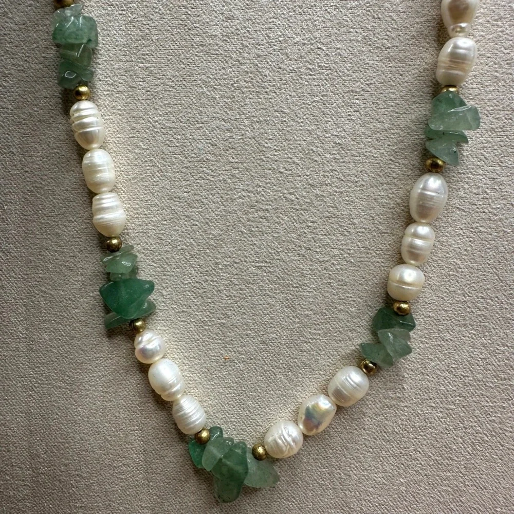 Women Necklace Green White Freshwater Pearl Aventurine Boho Coastal Gold Earthy